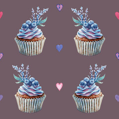 Seamless watercolor pattern of blueberry cupcake with lavender and hearts on a light brown kraft background