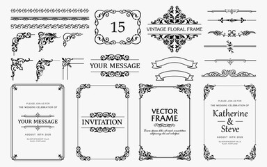 Design elements set, decorative flourish border corner and frame collection for invitation, menu and page decoration