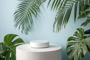 Obraz premium Minimalist product display with tropical leaves and a light blue background