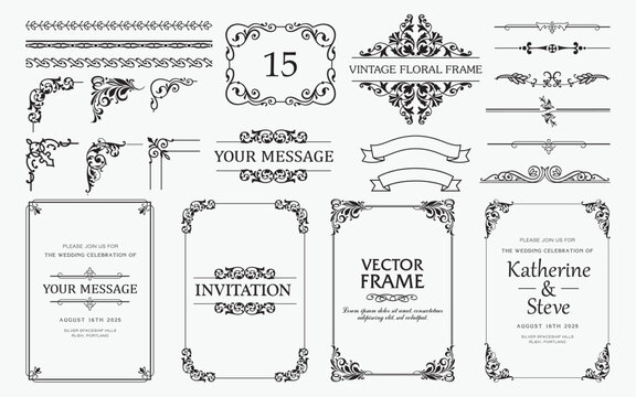 Design elements set, decorative flourish border corner and frame collection for invitation, menu and page decoration