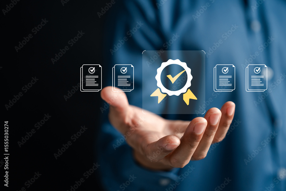 Poster quality control icon with verified documents. representing standard assurance, document verification