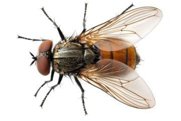 Detailed top view of a fly showcasing its wings, body structure, and distinct features for educational and scientific purposes