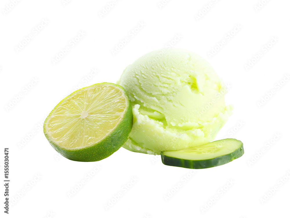 Poster refreshing lime cucumber ice cream scoop on white background