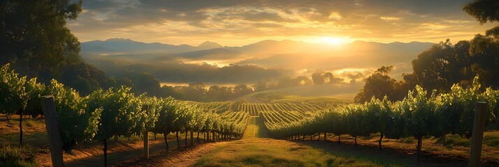 A vineyard at sunrise with rows of grapevines and mountains in the distance under a cloudy sky