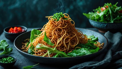 A plate of stir-fried noodles topped with green peas and herbs, with side bowls of chopped tomatoes and fresh salad, served on a dark background.