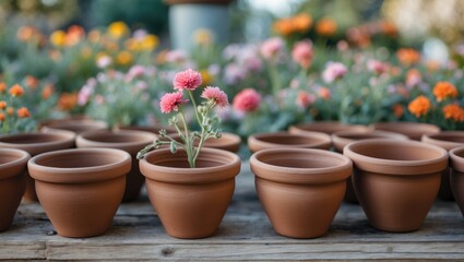 A row of terracotta flower pots with blooming pink flowers, arranged outdoors on a wooden surface. Gardening and plant care, concept. The idea of growing plants and horticulture.