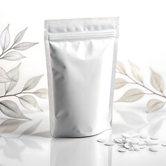 Clean white pouch packaging with delicate leaf design and scattered white pills