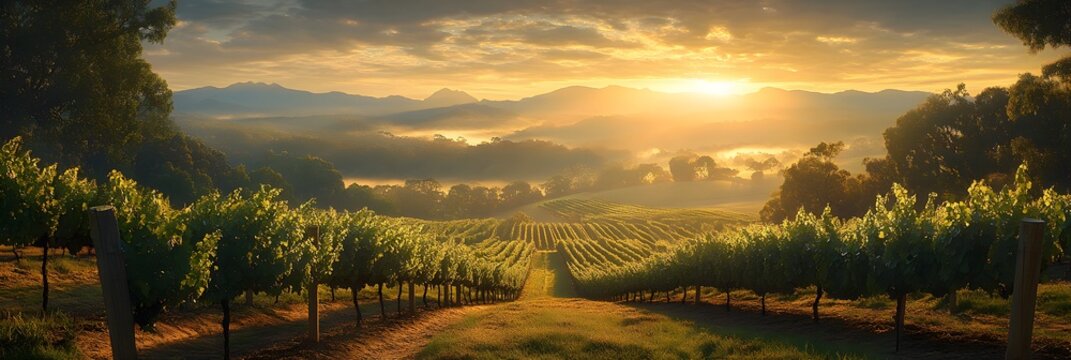 A vineyard at sunrise with rows of grapevines and mountains in the distance under a cloudy sky