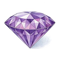 Watercolor painting of a sparkling purple diamond with many facets and a subtle shadow