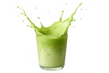 Vibrant green matcha latte splashing dynamically, revealing creamy texture and energizing color on transparent surface