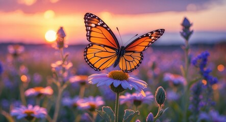 Butterfly resting on a flower in a colorful sunset field. Nature and wildlife, beauty and serenity. The concept of natural beauty and tranquility.