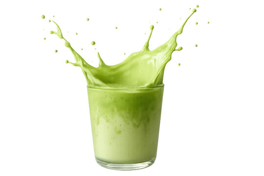 Vibrant green matcha latte splashing dynamically, revealing creamy texture and energizing color on transparent surface