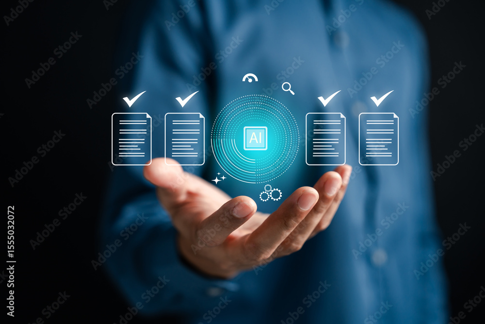 Fototapete AI technology automates document verification for accuracy and compliance. Concept of smart data validation, digital document management, and paperless workflow using artificial intelligence.