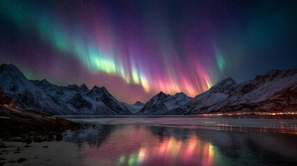 Northern Lights over snow-covered Lofoten mountains in Norway with starry sky, vibrant green and purple aurora borealis glowing against dark blue night backdrop.
