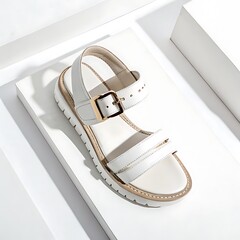 Stylish white leather sandal with gold buckle and thick white sole