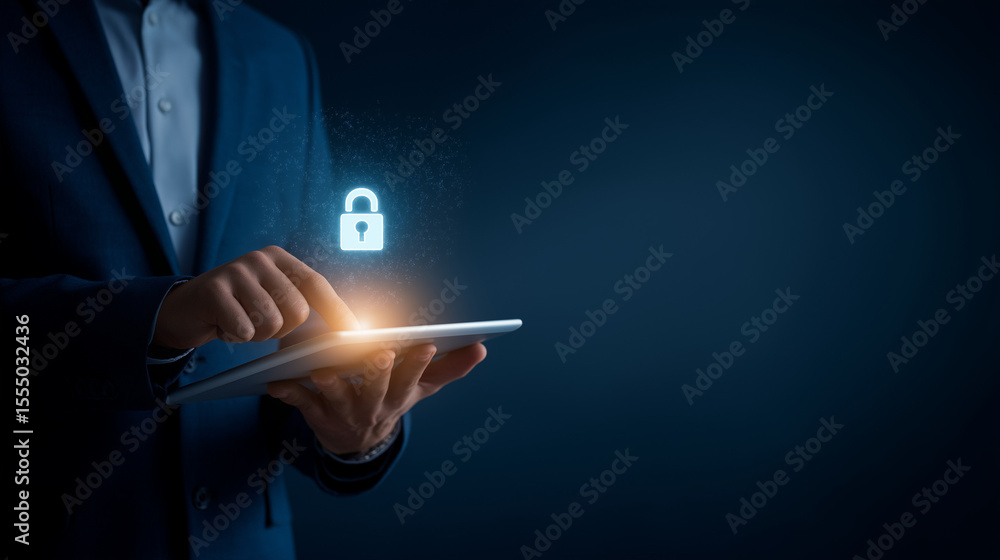Poster a person in a suit uses a tablet with a glowing padlock icon representing digital security and data 