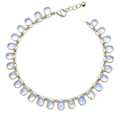 Elegant silver bracelet featuring moonstone gems, displayed on a dark background with soft lighting