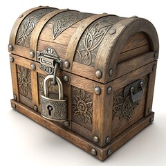 Ornate antique wooden treasure chest with metal lock and decorative carvings