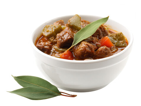 Hearty beef stew in white bowl garnished with bay leaves against white background, comfort food, autumn cuisine, slow cooked, closeup shot, delicious - Powered by Adobe