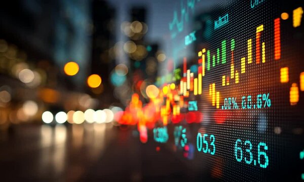Stock market data display over a blurred city scene