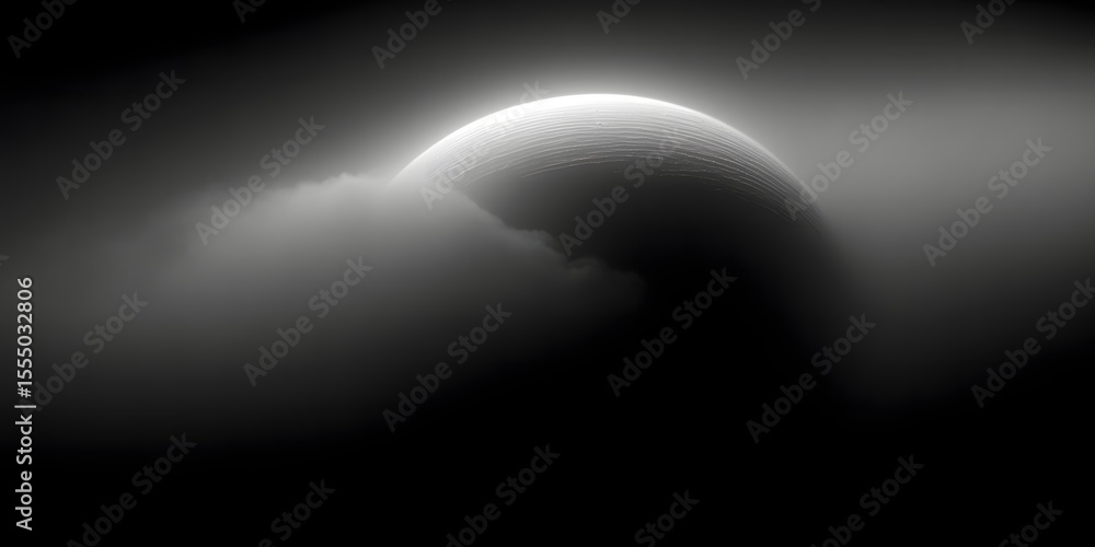 Wall mural a grayscale image depicting a bright sphere partially obscured by dark wispy clouds and shadows