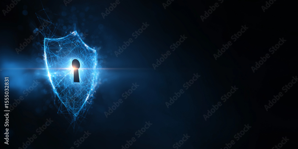 Poster a digital shield with a glowing keyhole, symbolizing cybersecurity and data protection in a futurist