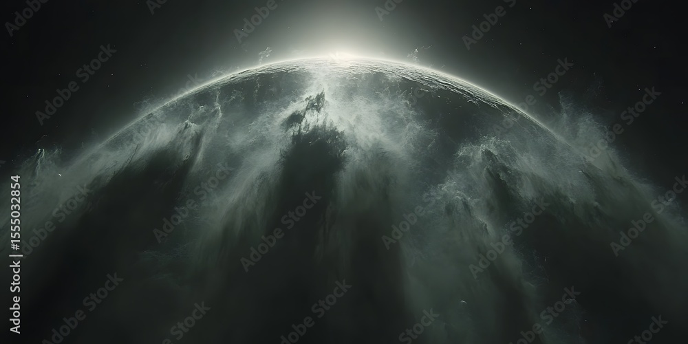 Wall mural planet with glowing atmosphere and dark clouds surrounding it in a space environment view