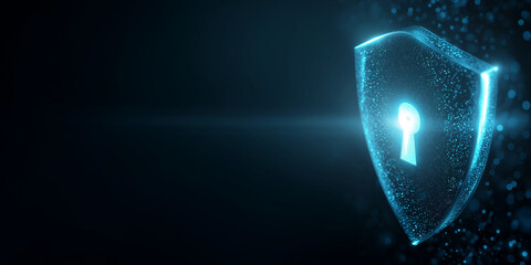 A glowing digital shield with a keyhole symbolizes cybersecurity and data protection in a futuristic, glowing blue environment.