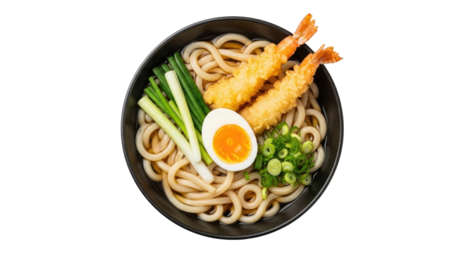 Udon Noodle Soup with Tempura Shrimp and Vegetables in Black Bowl on Black Background