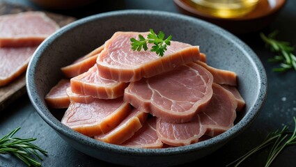 Slices of raw pork in a bowl with fresh herbs, ready for cooking or grilling.