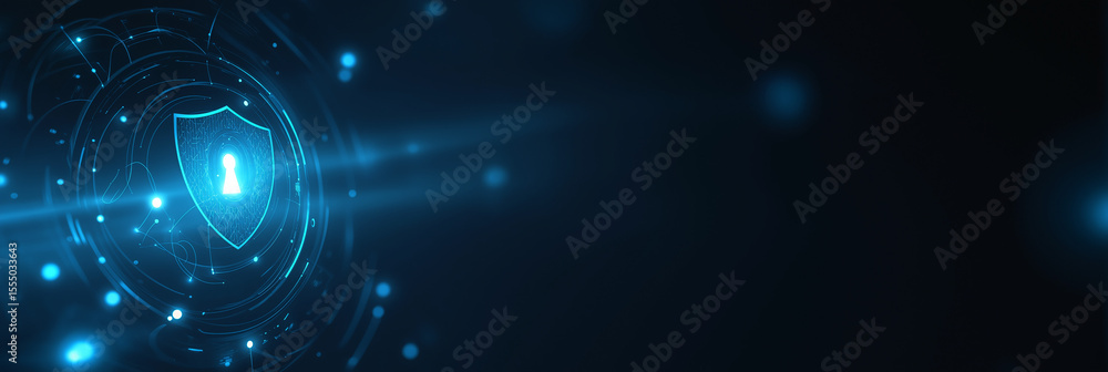 Poster digital shield with a keyhole symbolizing cybersecurity and data protection in a futuristic blue int
