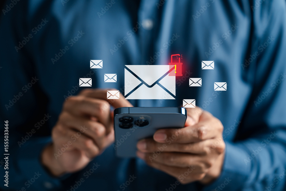 Poster Email icon with virus and spam alert appearing on smartphone screen. Representing cybersecurity threats, phishing danger, malicious email detection, and digital communication security.