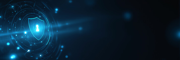 Digital shield with a keyhole symbolizing cybersecurity and data protection in a futuristic blue interface design.