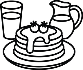 Black and white line art illustration of pancakes with berries and syrup accompanied by a glass of milk and a pitcher perfect for breakfast menus