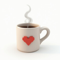3D Coffee Mug with Pixel Heart and Code Symbol Floating with Steam