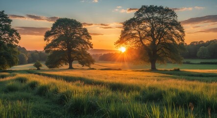 Fototapeta premium Sunset over a rural landscape with trees and fields as the sun sets behind the horizon.