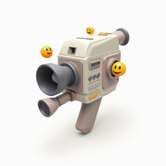3D Handheld Video Camera with Lens and Grip Floating on White Background
