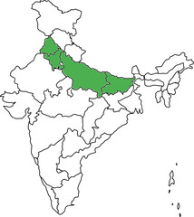 MAP OF INDIA HIGHLIGHTING THE GREEN REVOLUTION BELT OR WHEAT BOWL OF INDIA
