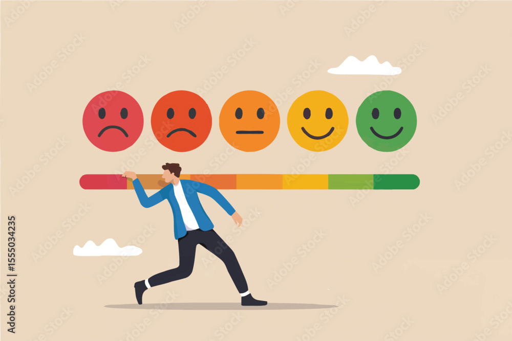 Poster customer satisfaction rating with a man adjusting the scale isolated on transparent background