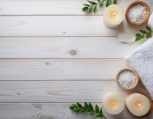 serene spa flat lay with candles, salt bowls, towel and green leaves on wood background

