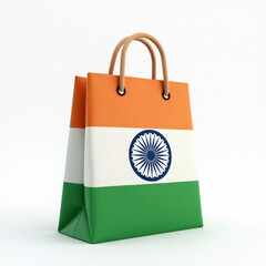3D Shopping Bag Emoji Featuring Indian Flag on Snow-White Background