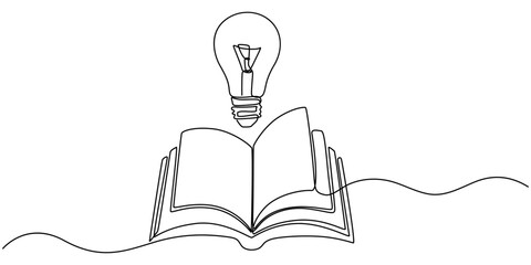 education and literature with brain and light bulb continuous one line drawing, Book one line drawing, continuous vector education and literature with brain and light bulb. Concept of creative