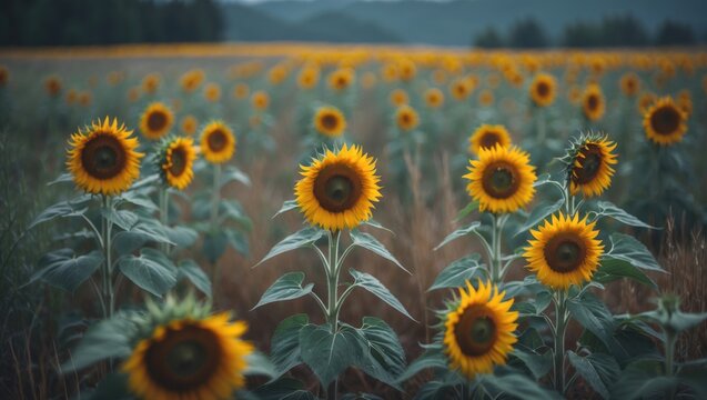 Sunflower field during daytime with bright yellow flowers and green leaves. Agricultural landscape with a distant horizon and blue sky. - Powered by Adobe