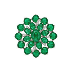 Elegant floral brooch adorned with vibrant emeralds and diamonds against a clean backdrop
