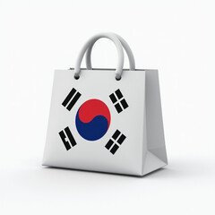 3D Shopping Bag Emoji with South Korean Flag on Snow-White Background