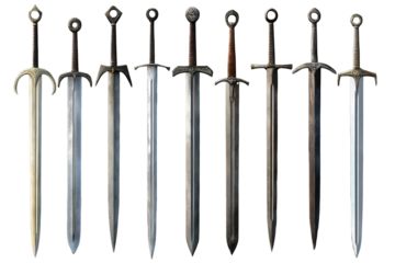 Set of intricately designed swords displayed together on a transparent background showcasing various styles and details of craftsmanship in sword-making