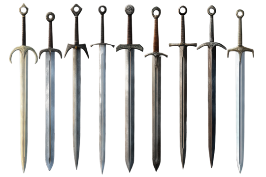 Set of intricately designed swords displayed together on a transparent background showcasing various styles and details of craftsmanship in sword-making