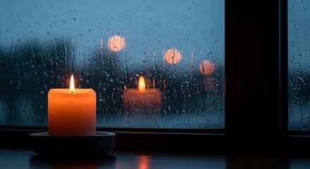 Candle burning brightly on a rainy day, creating a cozy atmosphere indoors