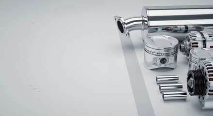 Automotive engine parts in modern chrome finish on white background  