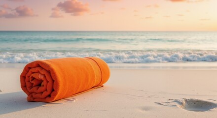 Rolled orange beach towel on sandy shore near calm ocean waves  